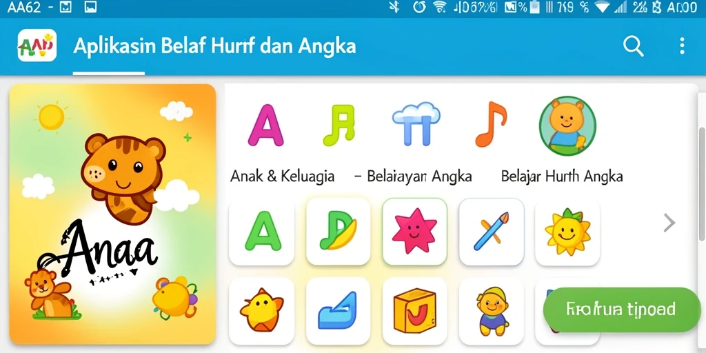 Tampilan antarmuka AA62 yang menarik untuk belajar huruf dan angka.