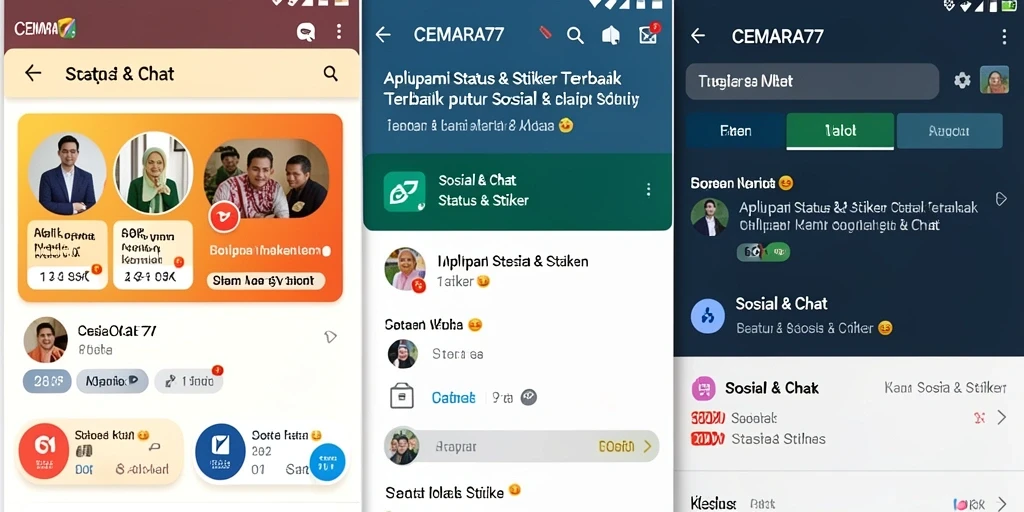 Antarmuka CEMARA77 dengan berbagai stiker kreatif untuk status.