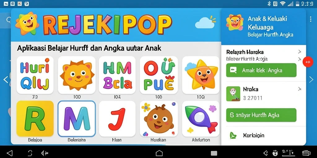 Tampilan antarmuka interaktif REJEKIPOP yang membantu belajar huruf dan angka.