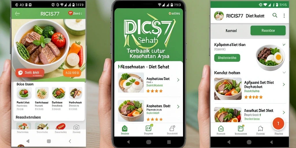 Antarmuka aplikasi RICIS77 menampilkan rencana diet dan resep sehat yang menarik.
