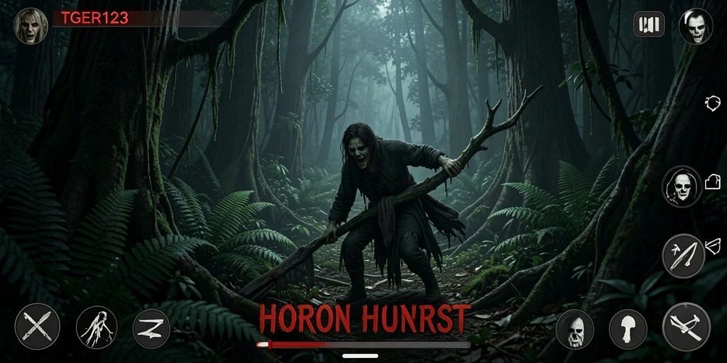 Tampilan antarmuka TGER123 dalam suasana horor hutan yang mendebarkan.